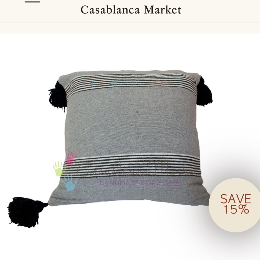 Brand new: Moroccan Pom Pom Pillow, Black and White Stripes on Gray